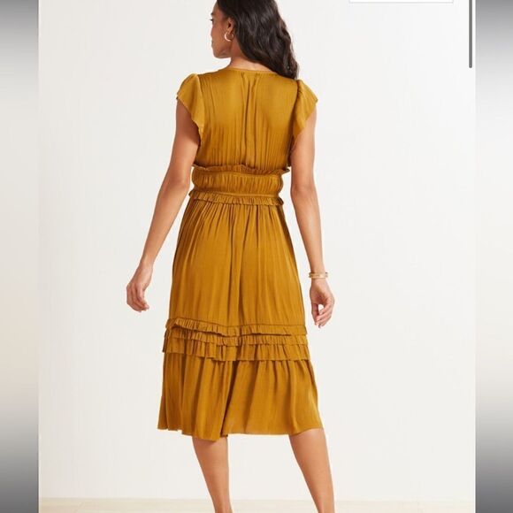 Roan + Ryan Talulah Dress beautiful gold color fabric flattering ruffles - Picture 2 of 14